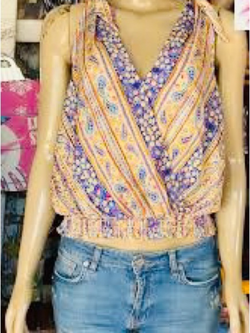 Rose & Olive Navy and Cream Paisley Wrap Tie-Shoulder Camisole
